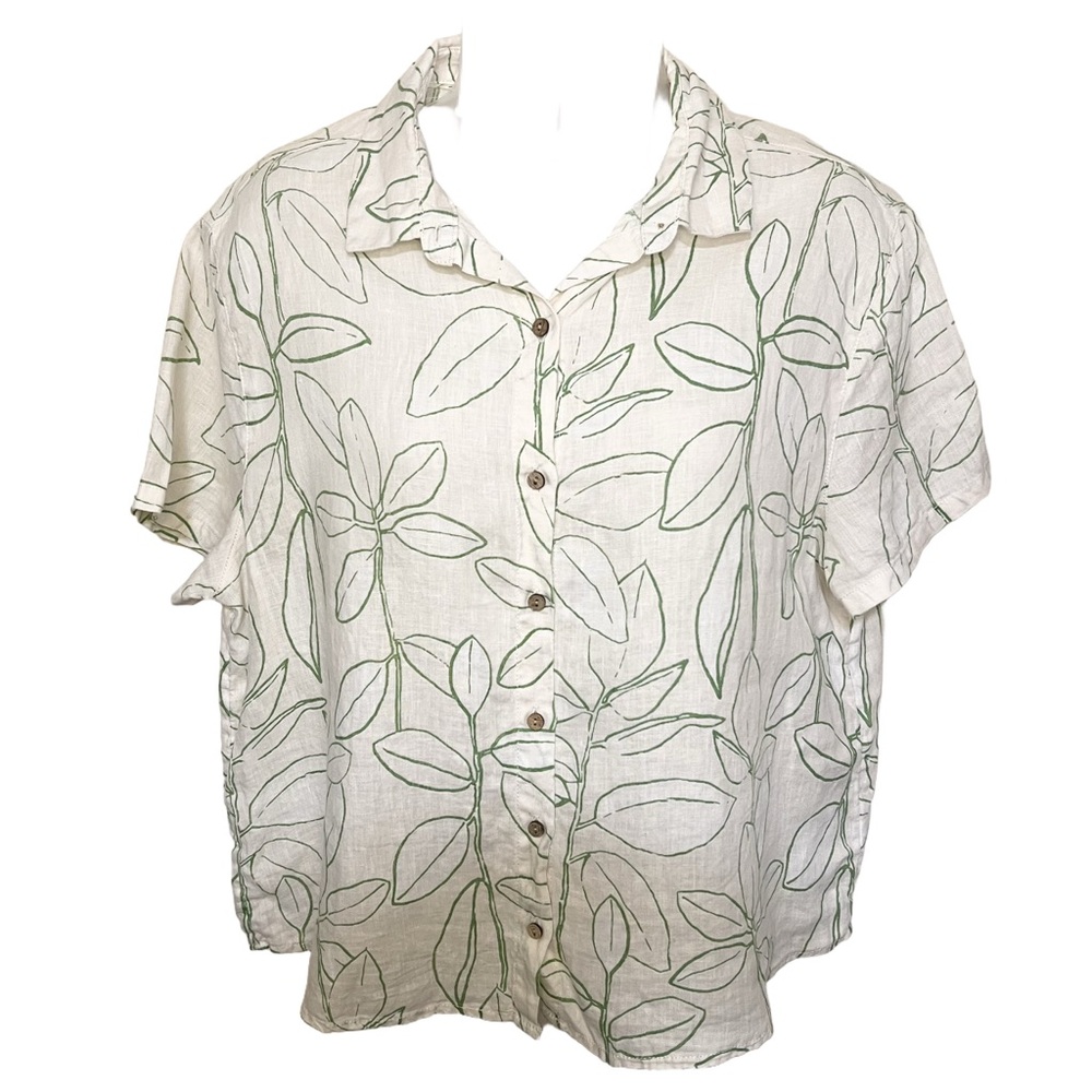 Cynthia Rowley S Linen Olive Leaf White Green Button Down Short Sleeve Top Boxy